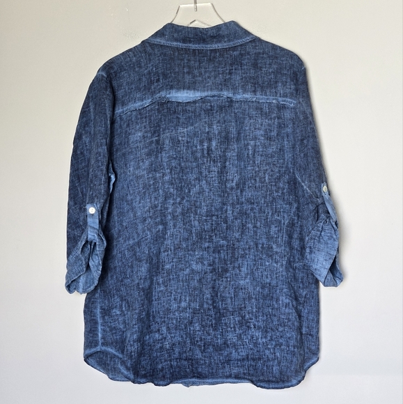 MILIO MILANO 100% Linen Roll Tab Sleeves Lagenlook Boho Blue Button-Up Shirt M - Picture 7 of 8